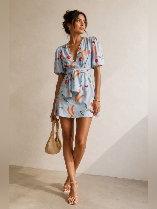 Finders Keepers Dresses & Skirts - Finders Keepers Calypso Fruit Print Puff Sleeve Mini Dress Blue XS